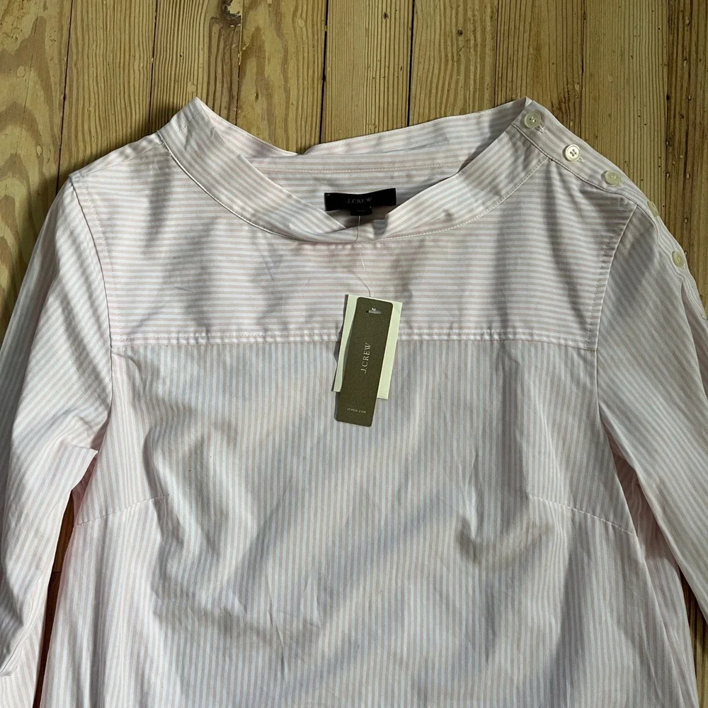 J.Crew Pink Stripe Funnel Neck Poplin Popover Button Shoulder HighLow Longsleeve